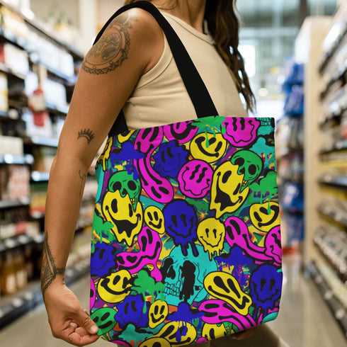 Melted Neon Smiley Print Tote Bag in Blue